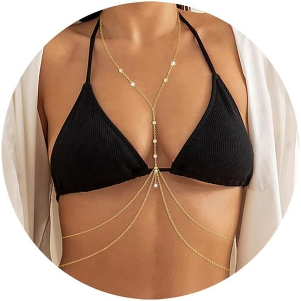 🆕 Women's 9 Diamonds(Gold) Gold Plated Layered Rhinestone Crossover Body Chains